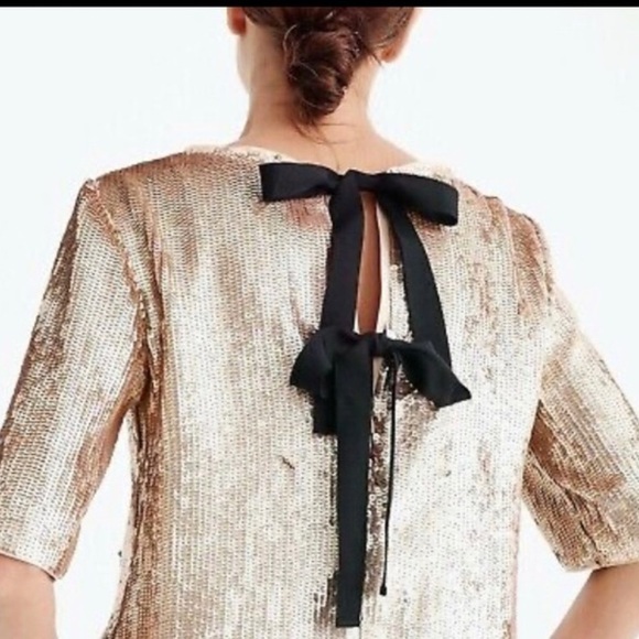 NWT J.crew Bianca rose gold Sequined crepe Top size 10 Black ribbon Bow back - Picture 2 of 16